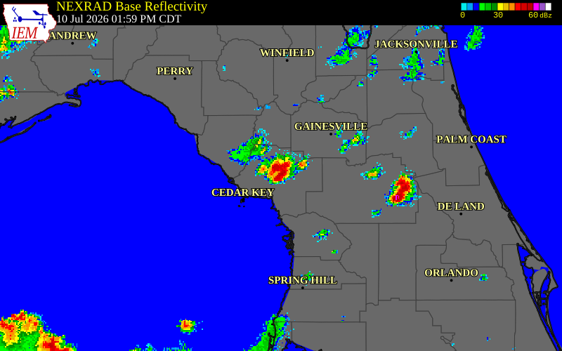 NEXRAD radar during the Friday, July 10, 2026 storm activity in Levy County, Florida