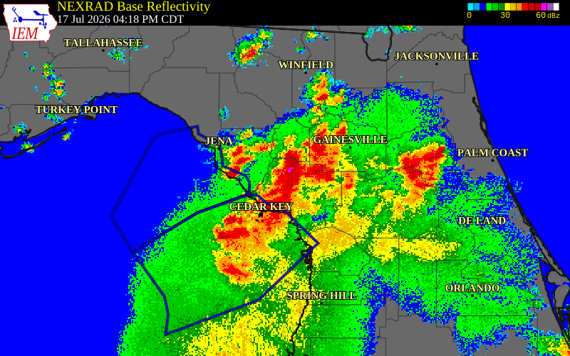 NEXRAD radar during the Friday, July 17, 2026 storm activity in Levy County, Florida