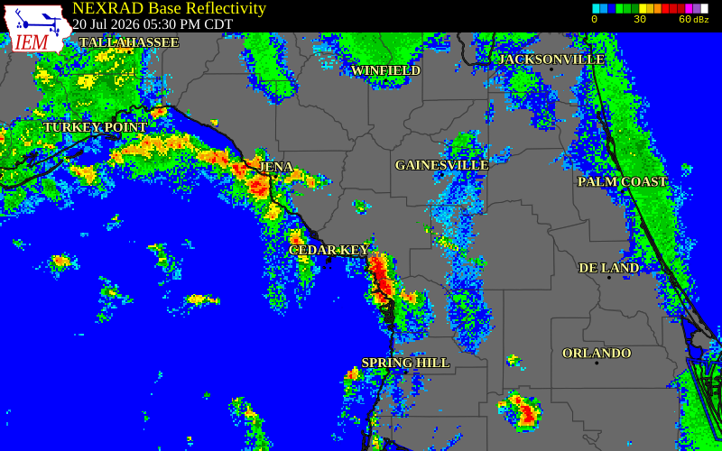 NEXRAD radar during the Monday, July 20, 2026 storm activity in Levy County, Florida