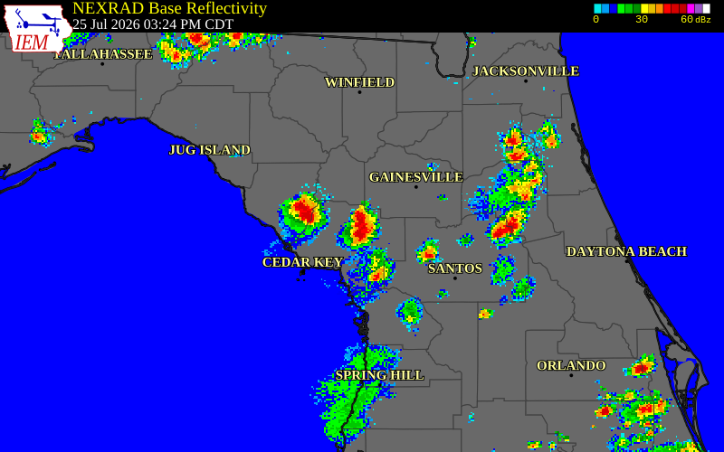 NEXRAD radar during the Saturday, July 25, 2026 storm activity in Levy County, Florida
