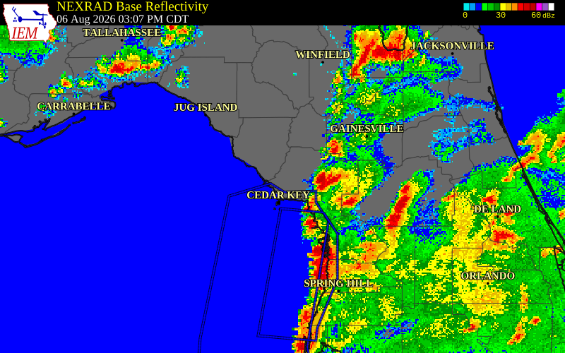 NEXRAD radar during the Thursday, August 6, 2026 storm activity in Levy County, Florida