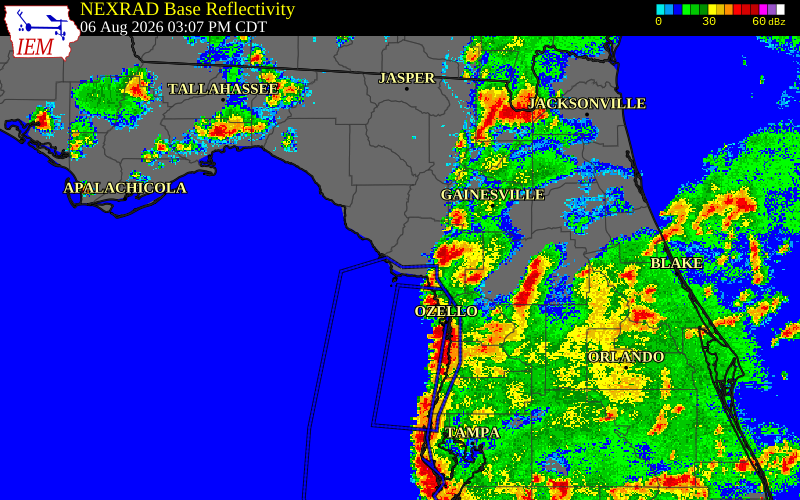 Radar snapshot during the Aug 6, 2026 wind event near Levy County, Levy County, Florida, with NWS warning polygons