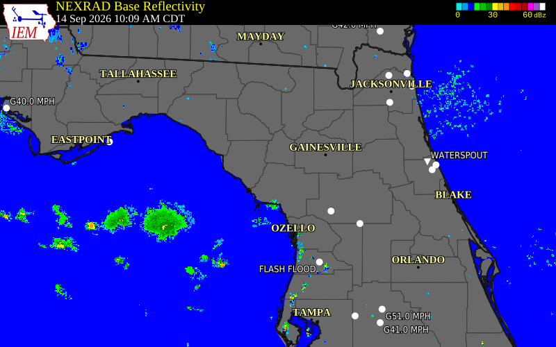 Current NEXRAD radar over Levy County, Florida with recent storm report locations