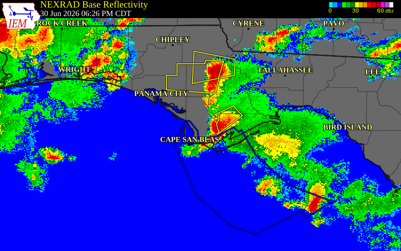 NEXRAD radar during the Tuesday, June 30, 2026 storm activity in Liberty County, Florida