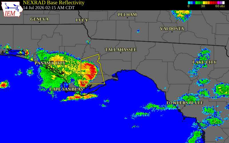 NEXRAD radar during the Tuesday, July 14, 2026 storm activity in Liberty County, Florida