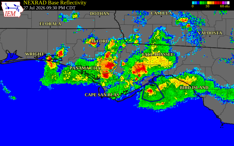 NEXRAD radar during the Monday, July 27, 2026 storm activity in Liberty County, Florida