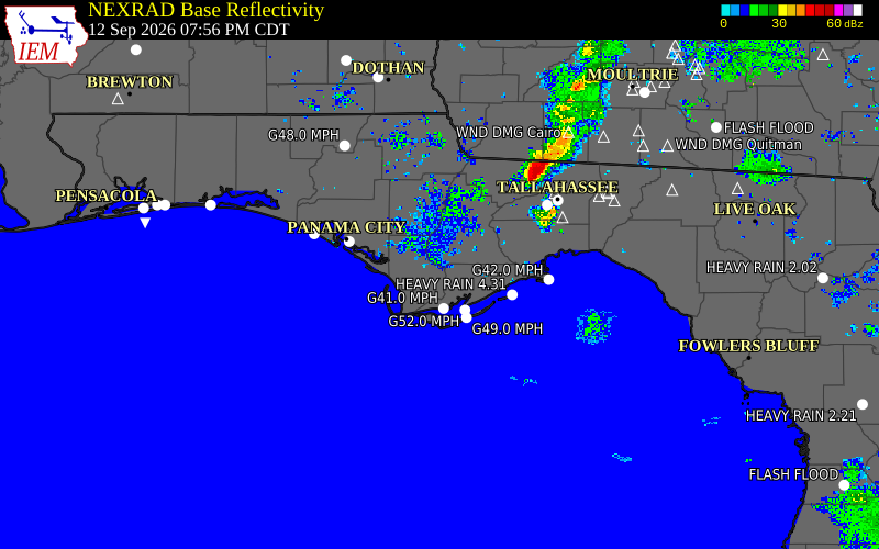 Current NEXRAD radar over Liberty County, Florida with recent storm report locations