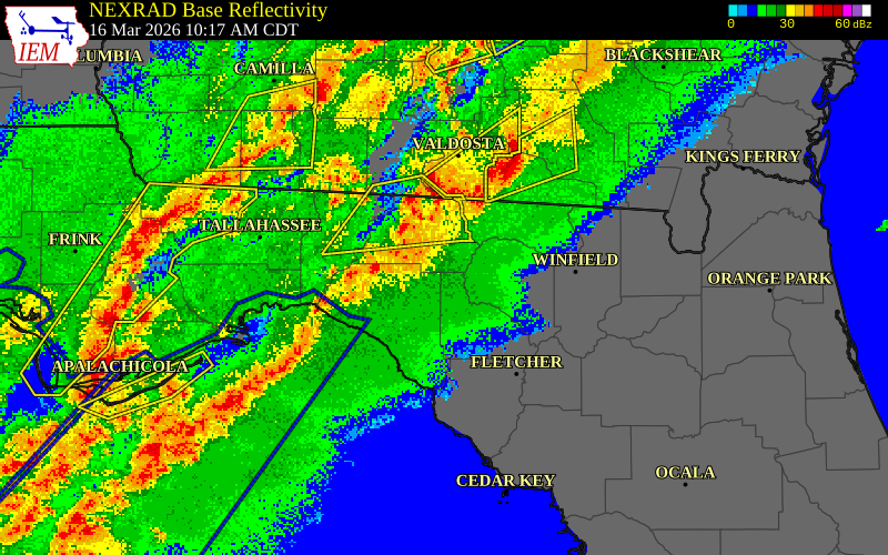 NEXRAD radar during the Monday, March 16, 2026 storm activity in Madison County, Florida