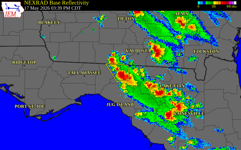 NEXRAD radar during the Sunday, May 17, 2026 storm activity in Madison County, Florida