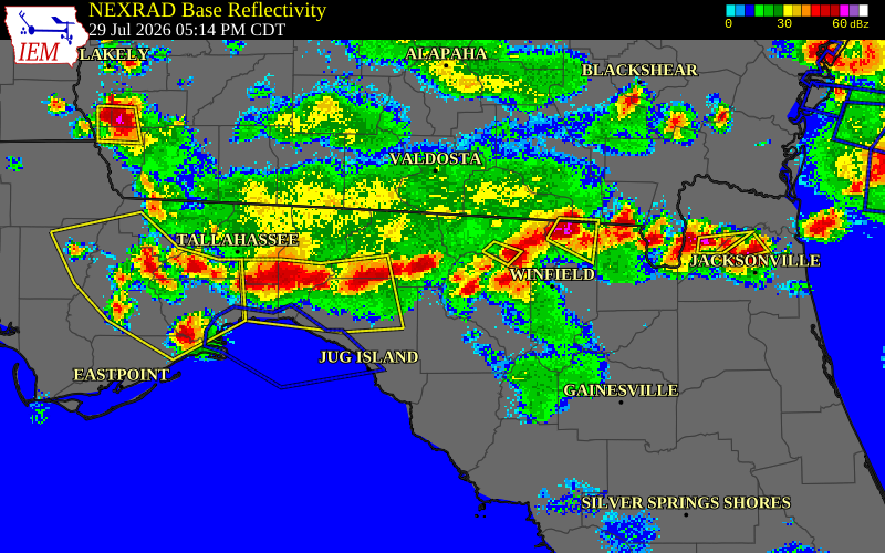 NEXRAD radar during the Wednesday, July 29, 2026 storm activity in Madison County, Florida