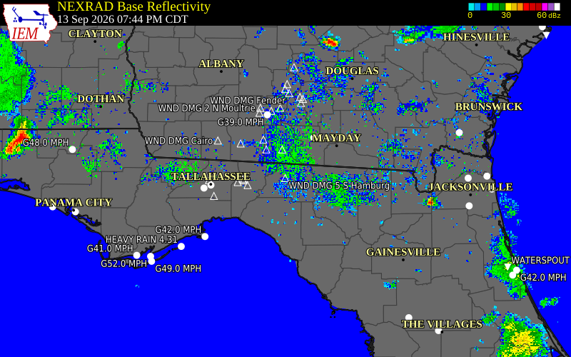 Current NEXRAD radar over Madison County, Florida with recent storm report locations
