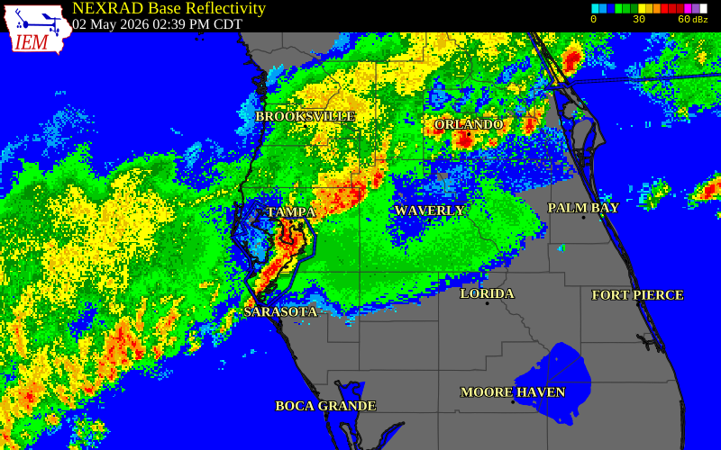 NEXRAD radar during the Saturday, May 2, 2026 storm activity in Manatee County, Florida