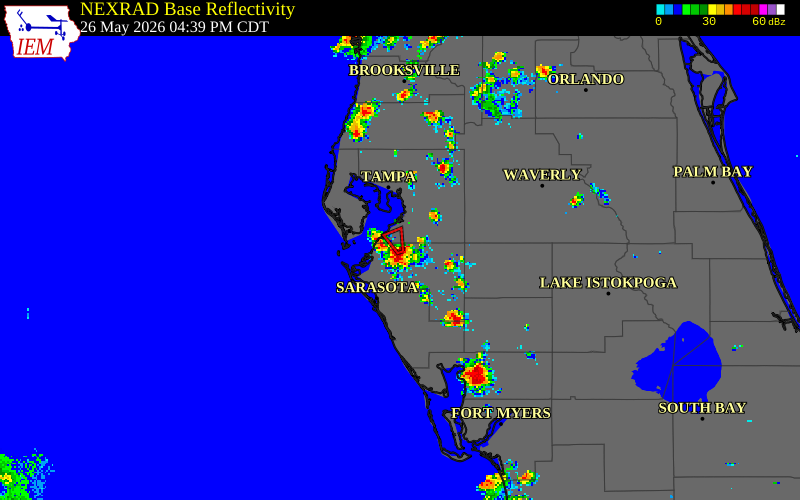 NEXRAD radar during the Tuesday, May 26, 2026 storm activity in Manatee County, Florida