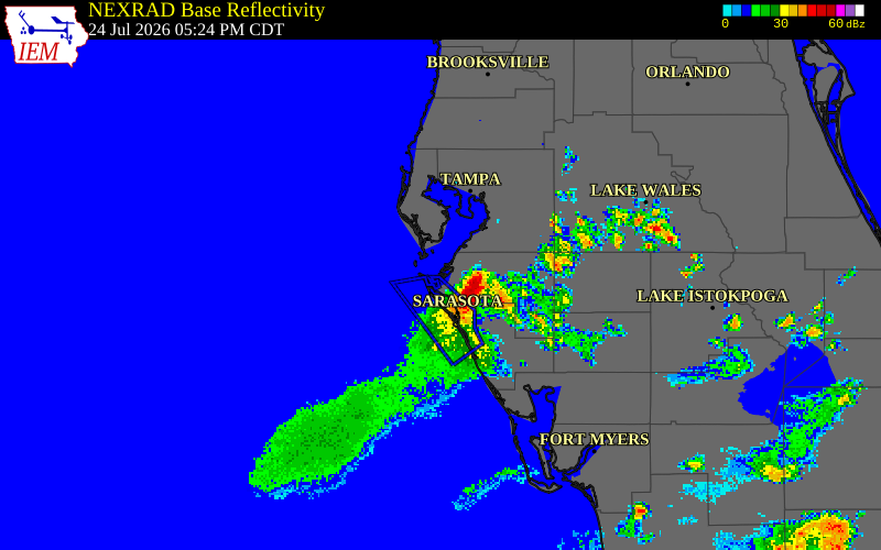 NEXRAD radar during the Friday, July 24, 2026 storm activity in Manatee County, Florida