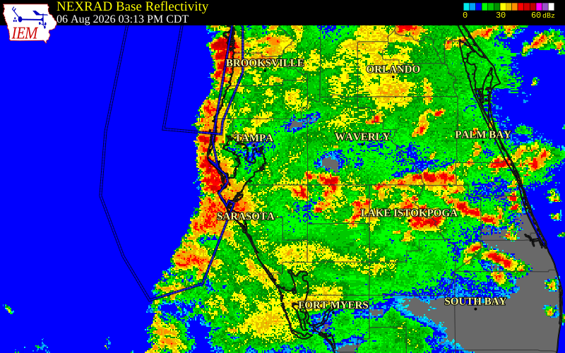 NEXRAD radar during the Thursday, August 6, 2026 storm activity in Manatee County, Florida