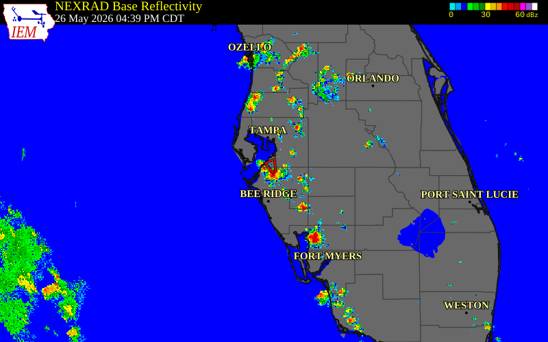Radar snapshot during the May 26, 2026 tornado event near 2 NNE Parrish, Manatee County, Florida, with NWS warning polygons