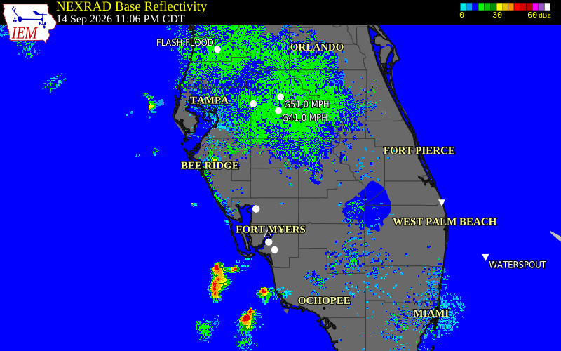 Current NEXRAD radar over Manatee County, Florida with recent storm report locations