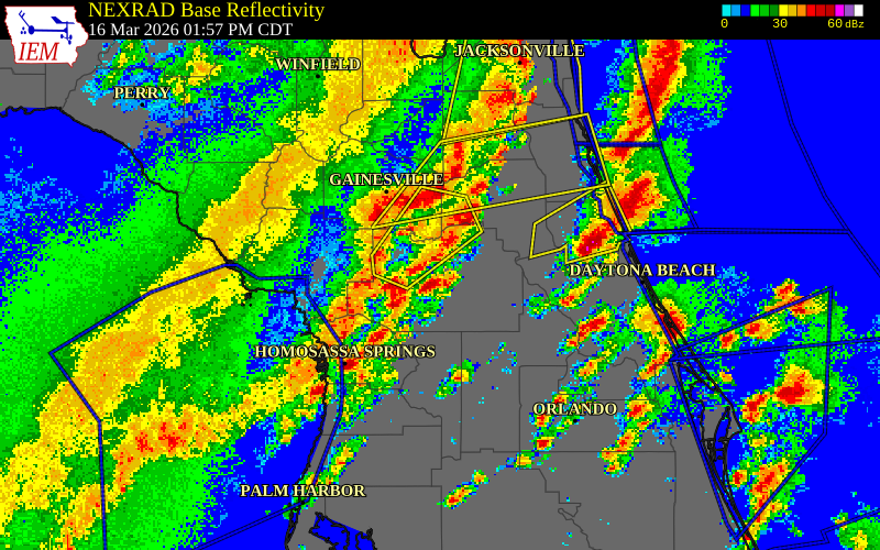 NEXRAD radar during the Monday, March 16, 2026 storm activity in Marion County, Florida