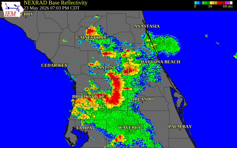 NEXRAD radar during the Saturday, May 23, 2026 storm activity in Marion County, Florida