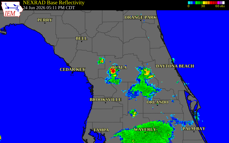NEXRAD radar during the Wednesday, June 24, 2026 storm activity in Marion County, Florida