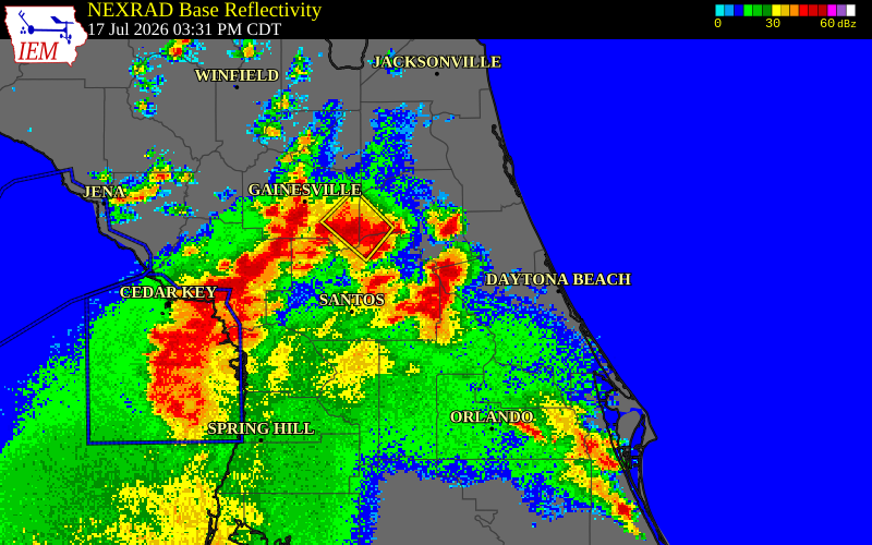 NEXRAD radar during the Friday, July 17, 2026 storm activity in Marion County, Florida