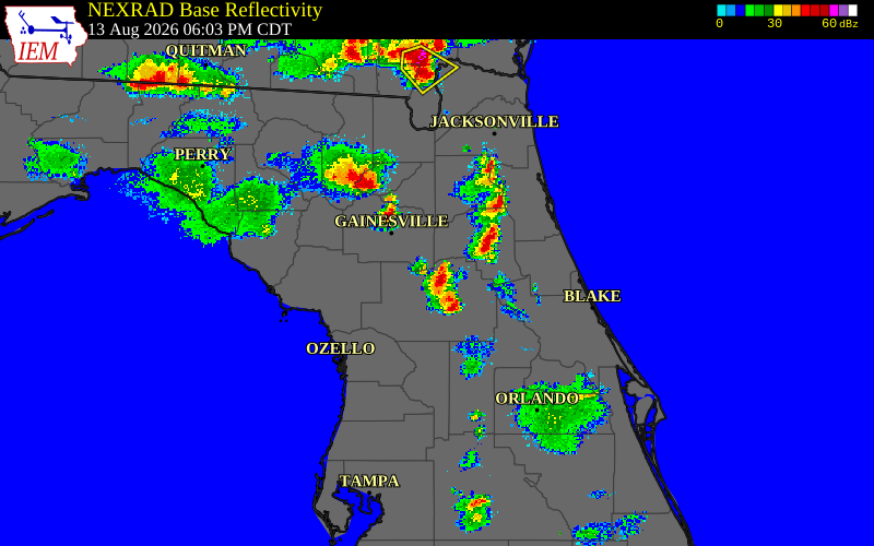 Radar snapshot during the Aug 9, 2026 wind event near Marion County, Marion County, Florida, with NWS warning polygons