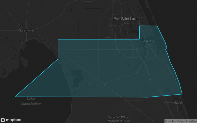 Map of Martin County, Florida showing the county boundary and surrounding cities