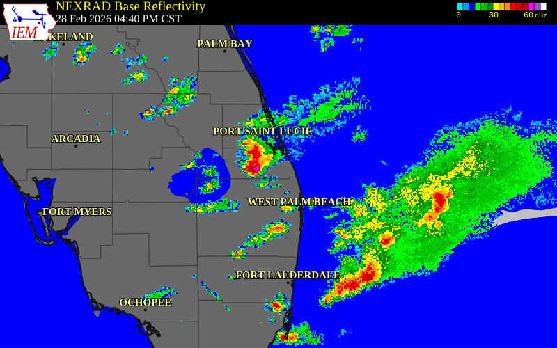 NEXRAD radar during the Saturday, February 28, 2026 storm activity in Martin County, Florida
