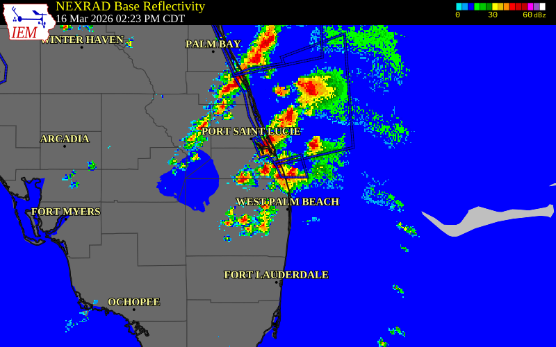 NEXRAD radar during the Monday, March 16, 2026 storm activity in Martin County, Florida