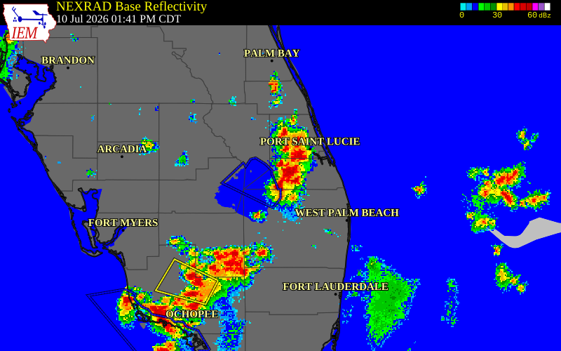 NEXRAD radar during the Friday, July 10, 2026 storm activity in Martin County, Florida