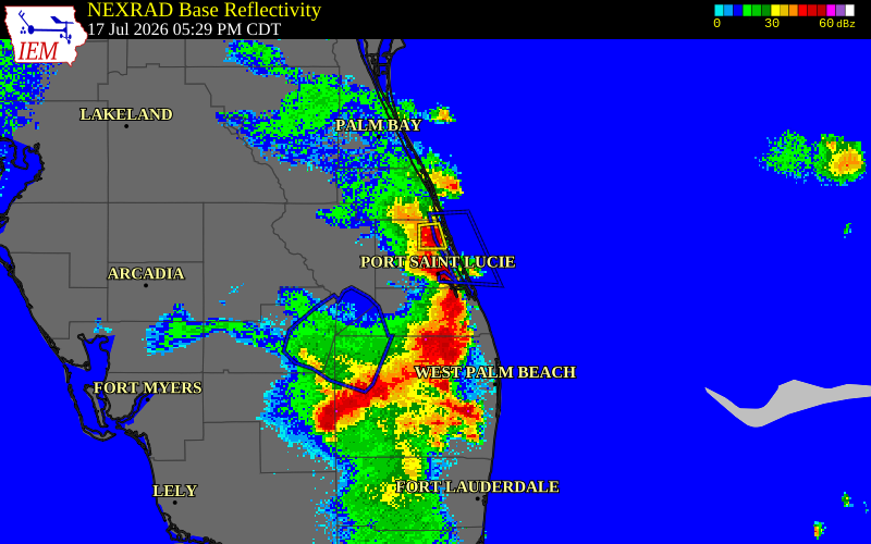 NEXRAD radar during the Friday, July 17, 2026 storm activity in Martin County, Florida