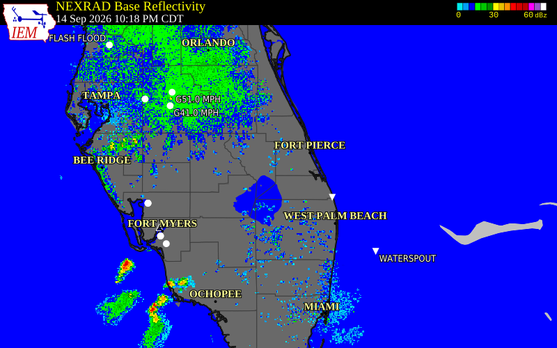 Current NEXRAD radar over Martin County, Florida with recent storm report locations