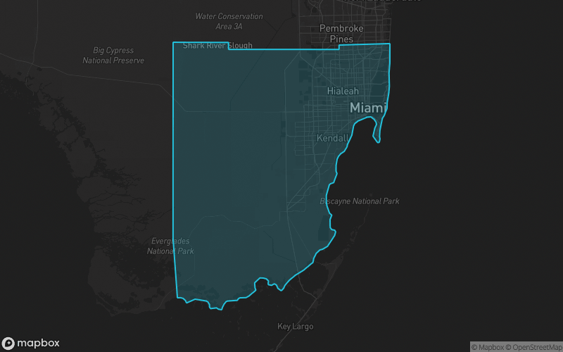 Map of Miami-Dade County, Florida showing the county boundary and surrounding cities