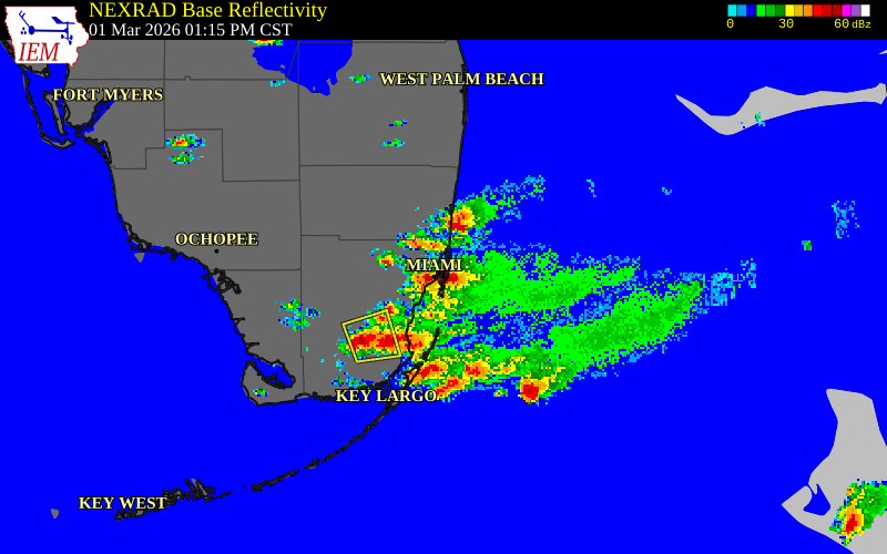 NEXRAD radar during the Sunday, March 1, 2026 storm activity in Miami-Dade County, Florida
