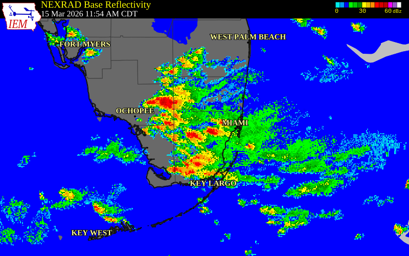 NEXRAD radar during the Sunday, March 15, 2026 storm activity in Miami-Dade County, Florida