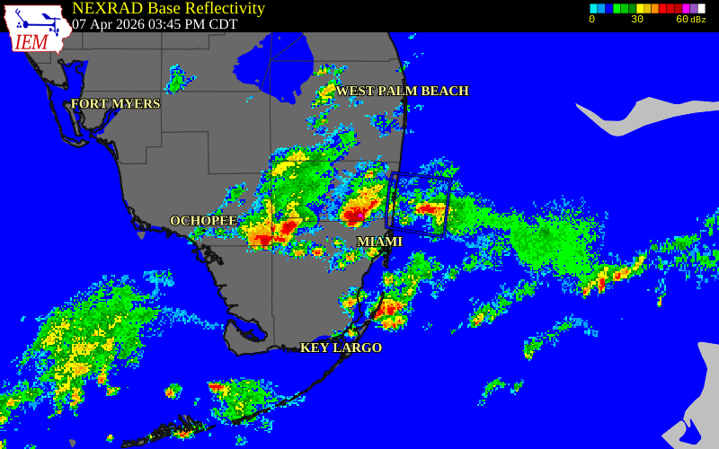 NEXRAD radar during the Tuesday, April 7, 2026 storm activity in Miami-Dade County, Florida