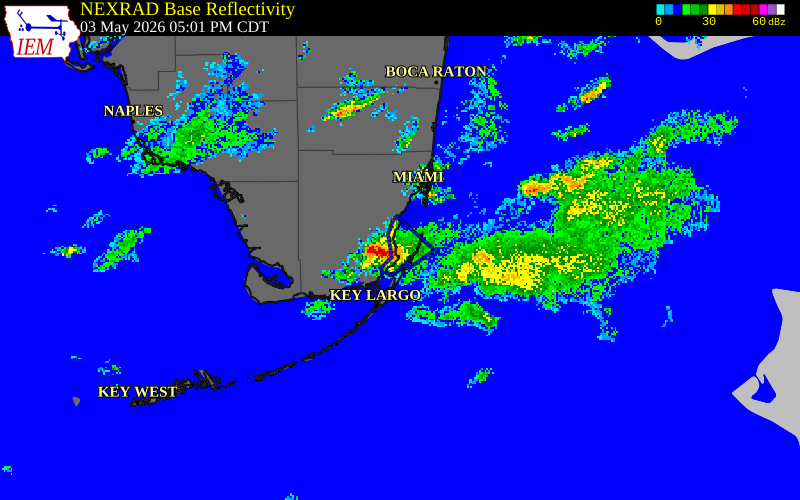 NEXRAD radar during the Sunday, May 3, 2026 storm activity in Miami-Dade County, Florida