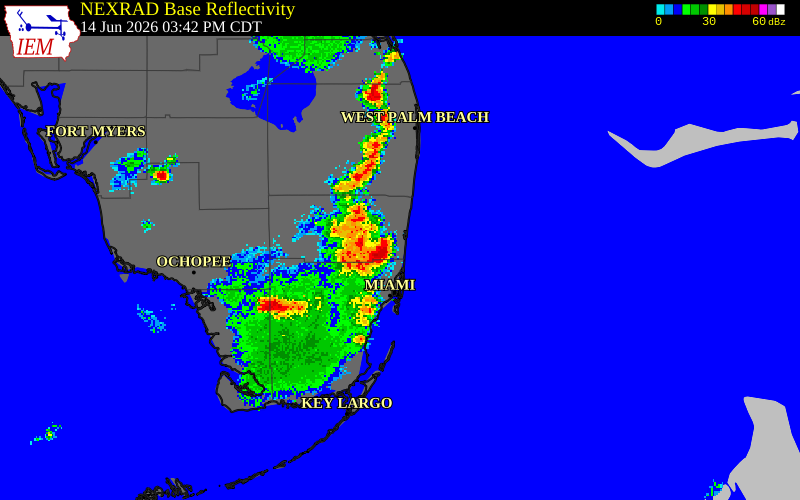 NEXRAD radar during the Sunday, June 14, 2026 storm activity in Miami-Dade County, Florida