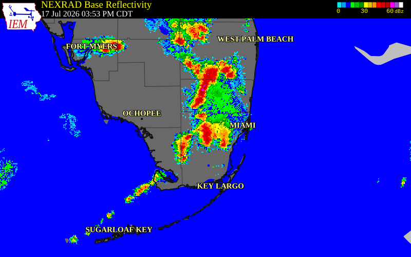 NEXRAD radar during the Friday, July 17, 2026 storm activity in Miami-Dade County, Florida