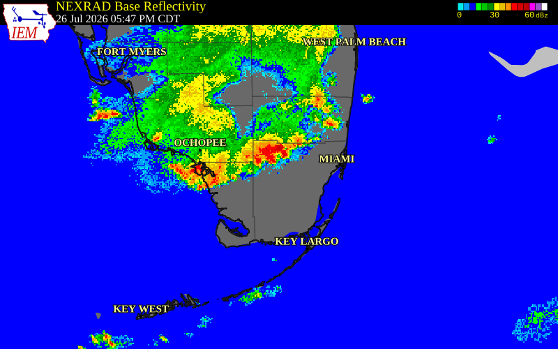 NEXRAD radar during the Sunday, July 26, 2026 storm activity in Miami-Dade County, Florida