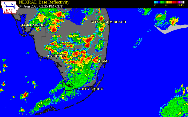 NEXRAD radar during the Tuesday, August 4, 2026 storm activity in Miami-Dade County, Florida