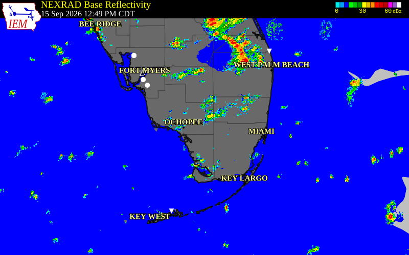Current NEXRAD radar over Miami-Dade County, Florida with recent storm report locations