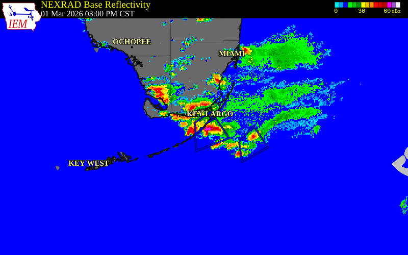 NEXRAD radar during the Sunday, March 1, 2026 storm activity in Monroe County, Florida