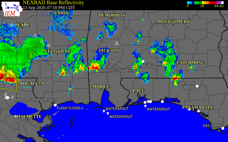 Current NEXRAD radar over Monroe County, Florida with recent storm report locations