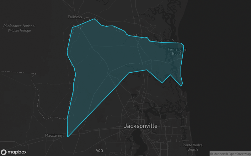 Map of Nassau County, Florida showing the county boundary and surrounding cities