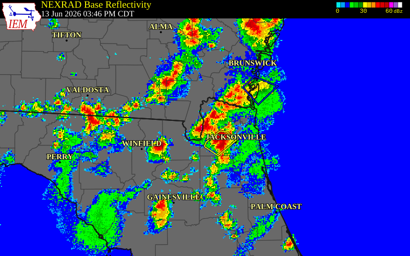 NEXRAD radar during the Saturday, June 13, 2026 storm activity in Nassau County, Florida