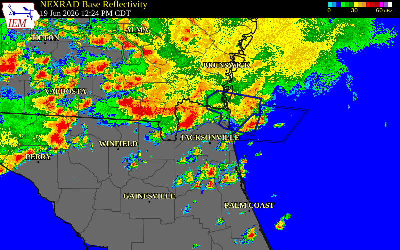 NEXRAD radar during the Friday, June 19, 2026 storm activity in Nassau County, Florida