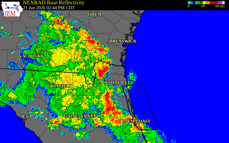 NEXRAD radar during the Sunday, June 21, 2026 storm activity in Nassau County, Florida