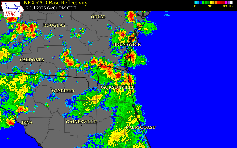 NEXRAD radar during the Sunday, July 12, 2026 storm activity in Nassau County, Florida
