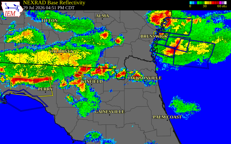 NEXRAD radar during the Wednesday, July 29, 2026 storm activity in Nassau County, Florida
